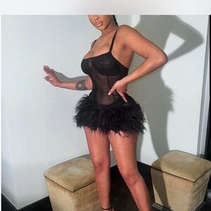 Black Feathered Mesh Dress